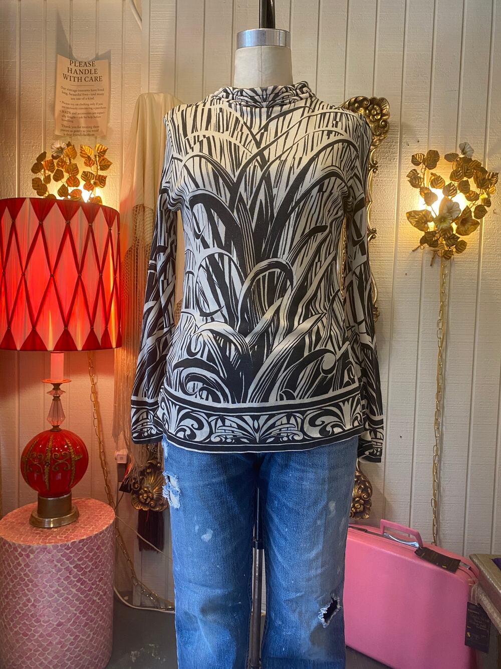vintage 1960s novelty print top, 60s knit shirt, palm frond, tiki, mod, med, mcm